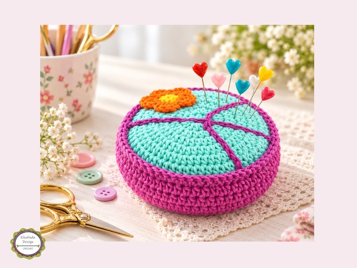 Crochet pattern peace sign pincushion & flowers, hippie gift idea