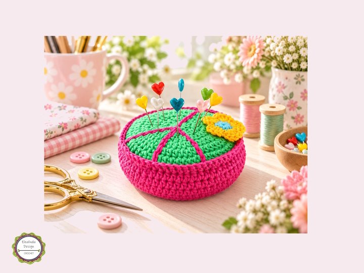 Crochet pattern peace sign pincushion & flowers, hippie gift idea