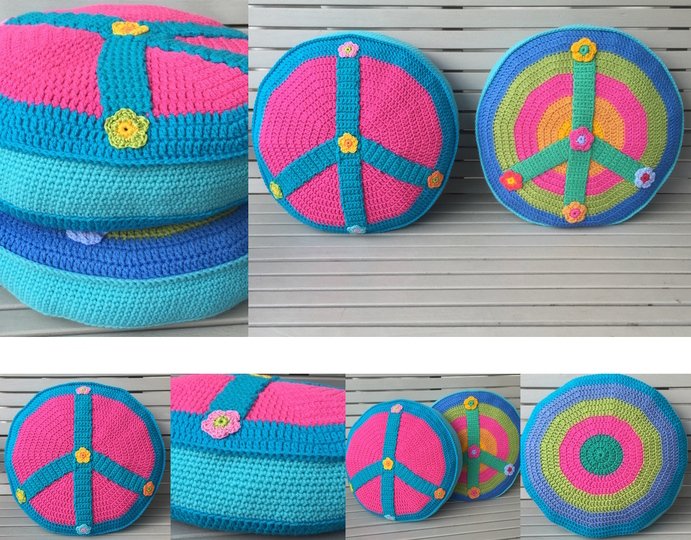 Crochet Pattern Peace Cushion, Peace Sign Decorative Hippie Pillow PDF