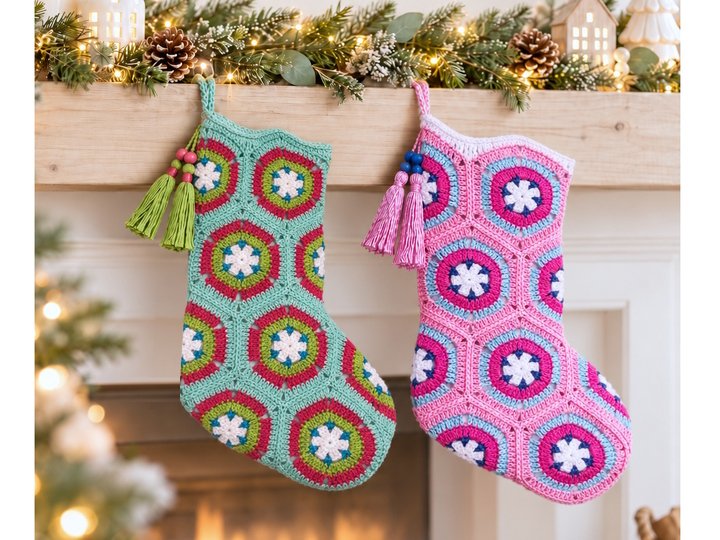 Granny Square Santa Stocking Crochet Pattern, Advent + Christmas Decoration