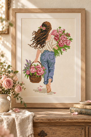 Girl with Pink Roses – Romantic Cross Stitch Pattern PDF, Floral Embroidery
