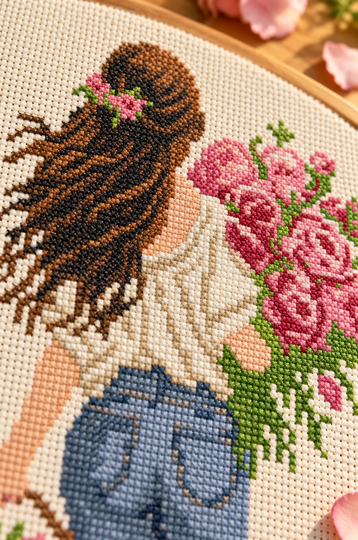 Girl with Pink Roses – Romantic Cross Stitch Pattern PDF, Floral Embroidery