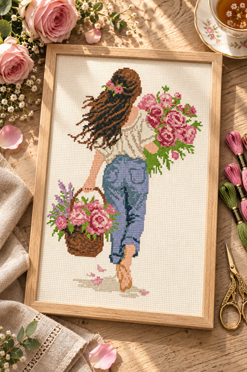 Girl with Pink Roses – Romantic Cross Stitch Pattern PDF, Floral Embroidery