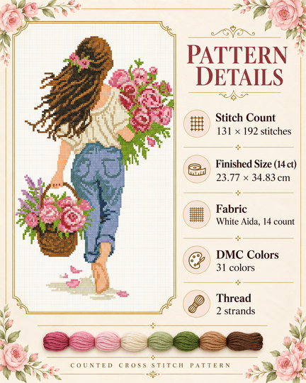 Girl with Pink Roses – Romantic Cross Stitch Pattern PDF, Floral Embroidery