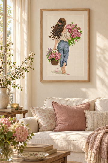 Girl with Pink Roses – Romantic Cross Stitch Pattern PDF, Floral Embroidery