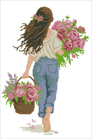 Girl with Pink Roses – Romantic Cross Stitch Pattern PDF, Floral Embroidery