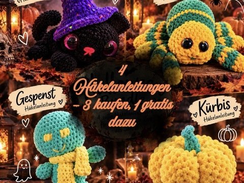 Halloween Häkelanleitung Set – 4 Amigurumi Katze, Gespenst, Spinne, Kürbis