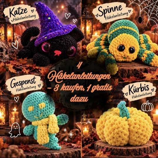 Halloween Häkelanleitung Set – 4 Amigurumi Katze, Gespenst, Spinne, Kürbis