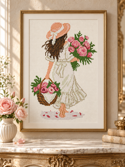Girl with Pink Roses Cross Stitch Pattern PDF – Romantic Woman with Flowers