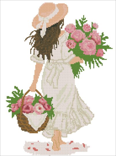 Girl with Pink Roses Cross Stitch Pattern PDF – Romantic Woman with Flowers