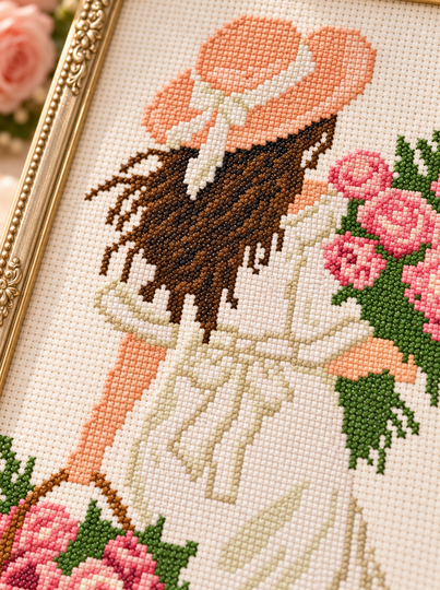 Girl with Pink Roses Cross Stitch Pattern PDF – Romantic Woman with Flowers
