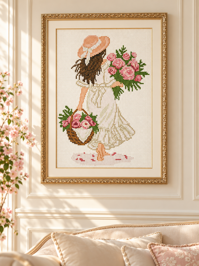 Girl with Pink Roses Cross Stitch Pattern PDF – Romantic Woman with Flowers