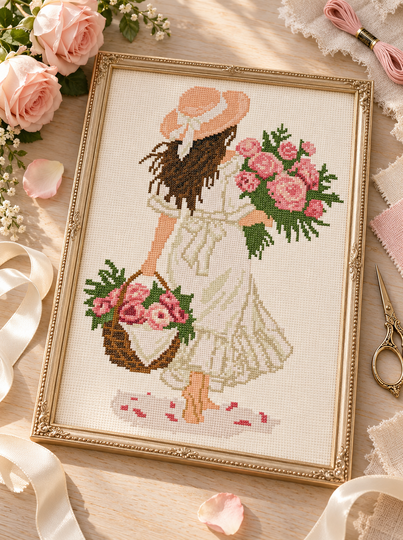 Girl with Pink Roses Cross Stitch Pattern PDF – Romantic Woman with Flowers