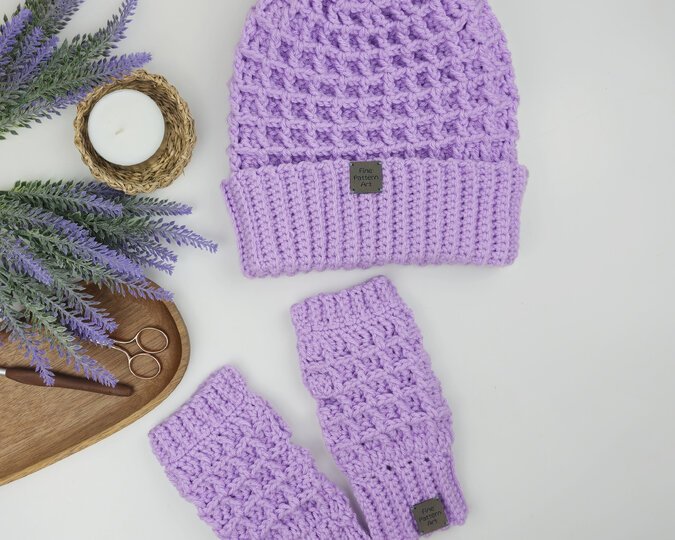 Häkelanleitung Mütze & fingerlose Handschuhe im Waffelmuster als Set