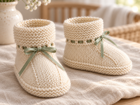 Baby Booties Knitting Pattern PDF – Folded Welt, Ribbon Tie, 12 cm Foot