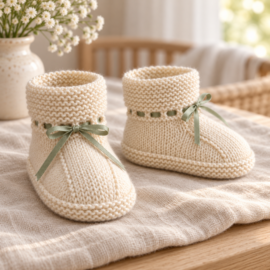 Baby Booties Knitting Pattern PDF – Folded Welt, Ribbon Tie, 12 cm Foot