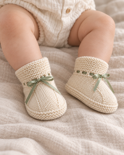 Baby Booties Knitting Pattern PDF – Folded Welt, Ribbon Tie, 12 cm Foot