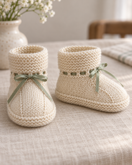 Baby Booties Knitting Pattern PDF – Folded Welt, Ribbon Tie, 12 cm Foot