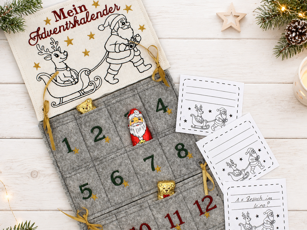 Stickdatei ITH 13x18cm Adventskalender Rentierschlitten mit Kärtchen