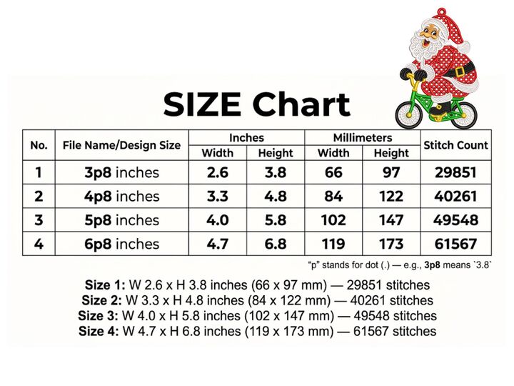 Santa Riding a Bicycle FSL Christmas Ornament Embroidery Design