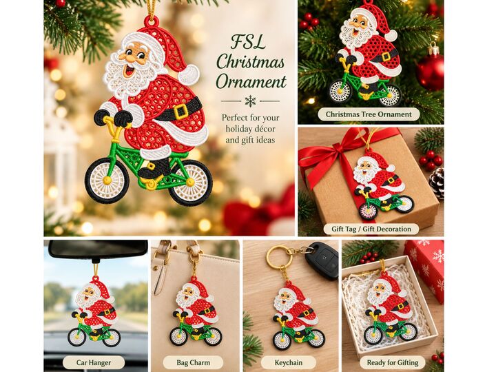 Santa Riding a Bicycle FSL Christmas Ornament Embroidery Design