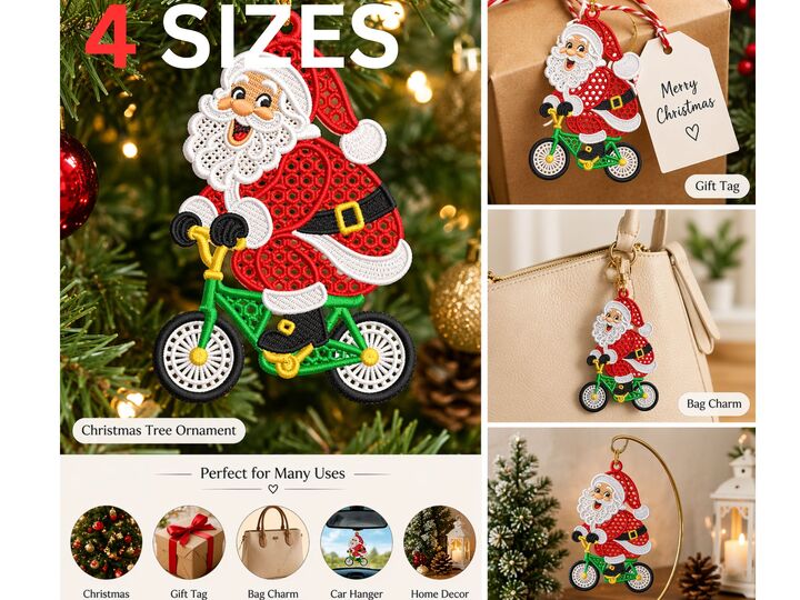 Santa Riding a Bicycle FSL Christmas Ornament Embroidery Design