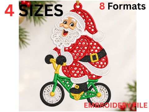 Santa Riding a Bicycle FSL Christmas Ornament Embroidery Design