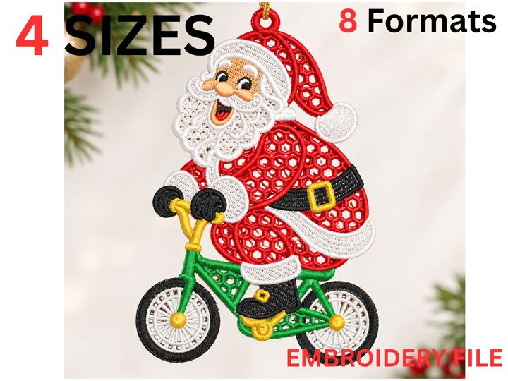 Santa Riding a Bicycle FSL Christmas Ornament Embroidery Design