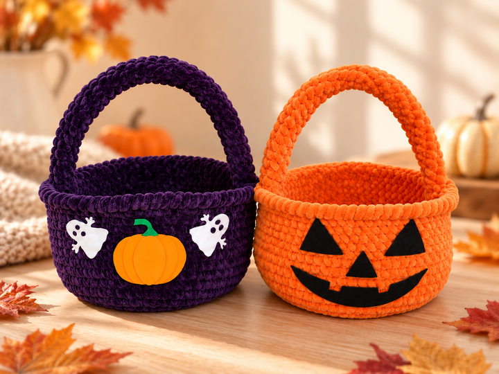 Häkelanleitung Halloween Körbe – Kürbis und Geister Körbchen – PDF