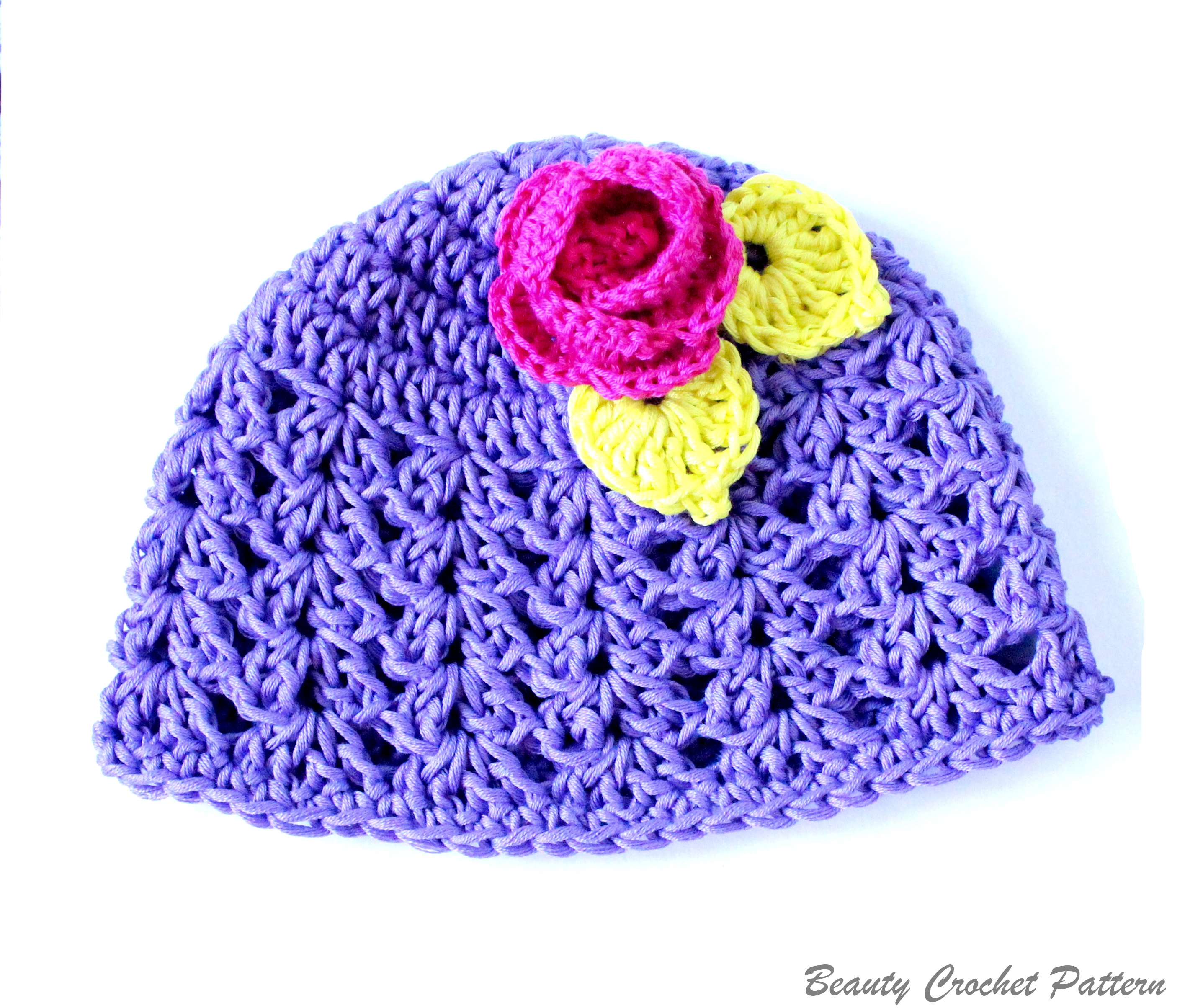 Crochet purple and blue owl  beanie hat with yellow flower