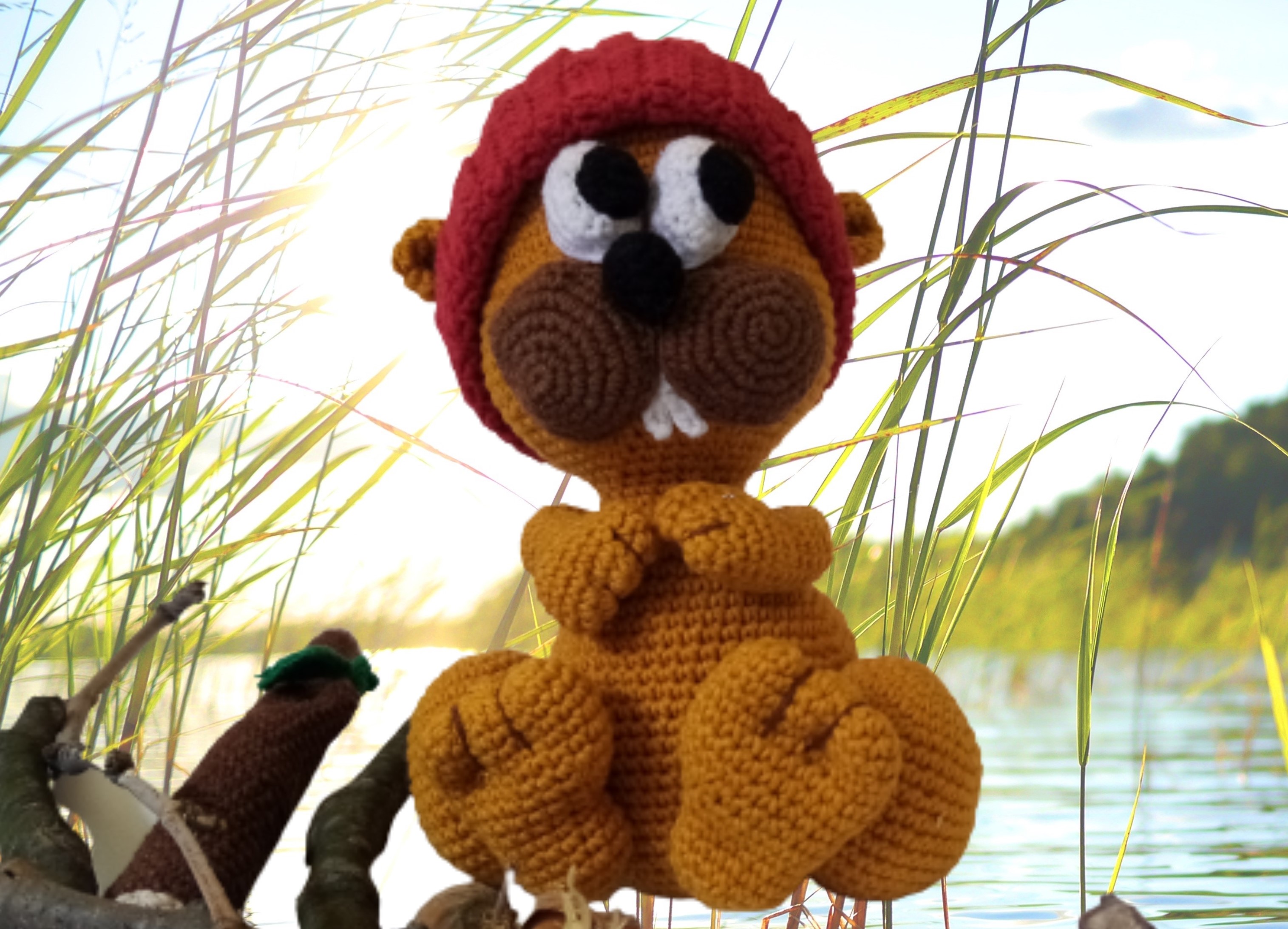 Handmade Crocheted Beaver Canada Day Yarn Sculpture Amigurumi Animal