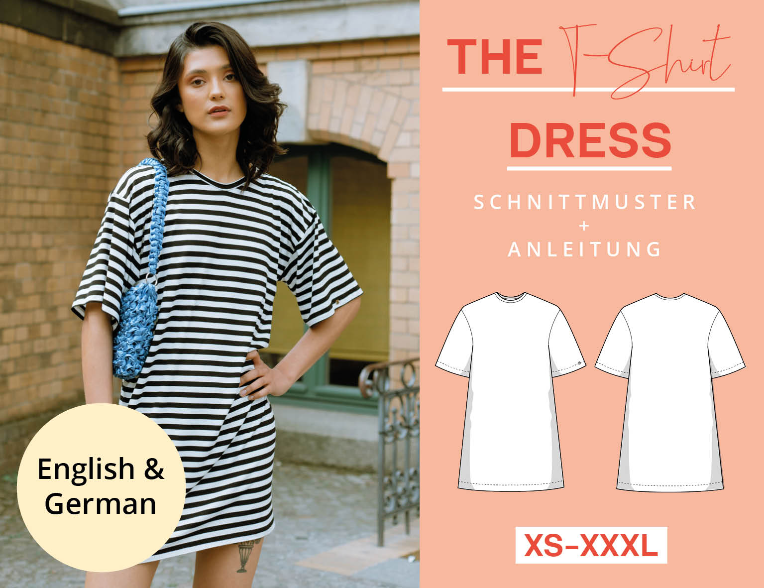 Sewing pattern t-shirt dress women, sizes XS-XXXL, easy with video tutorial