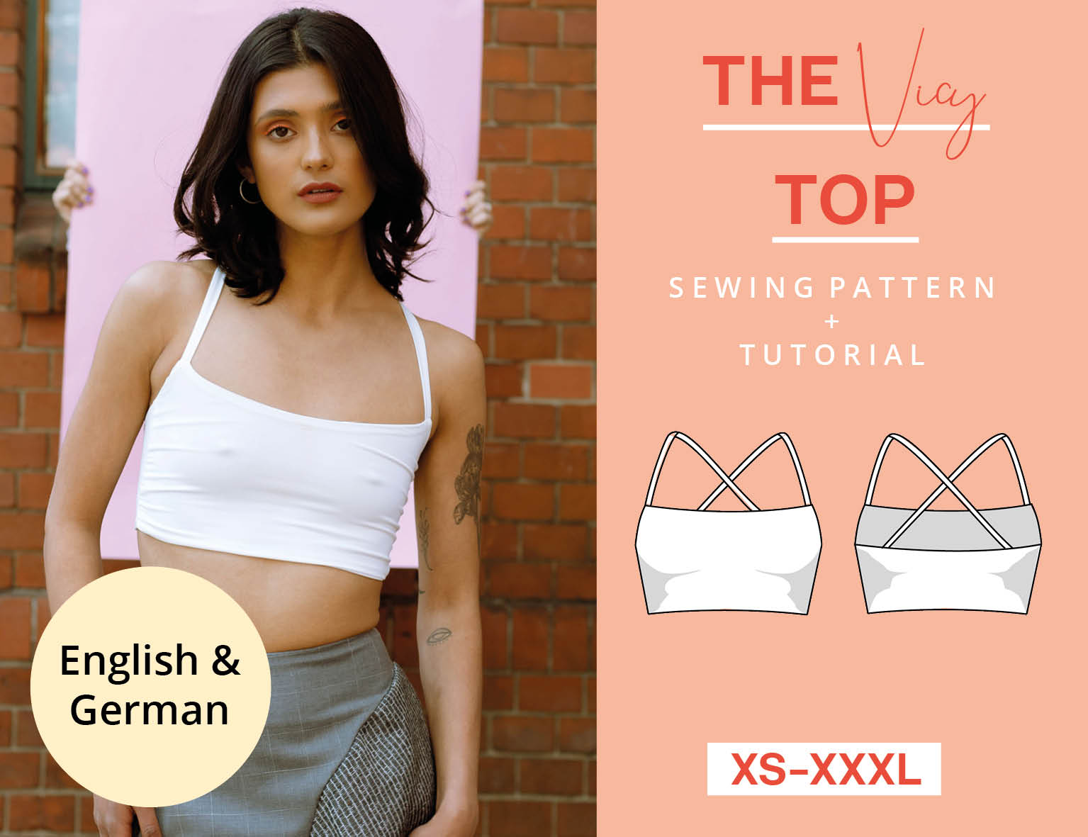 Thick Strap Crop Top PDF Printable Sewing Pattern, Instant Download Size 0,  2,4,6,8,10,12,14 in U.S A1, A4 , U.S Letter Paper Size. 