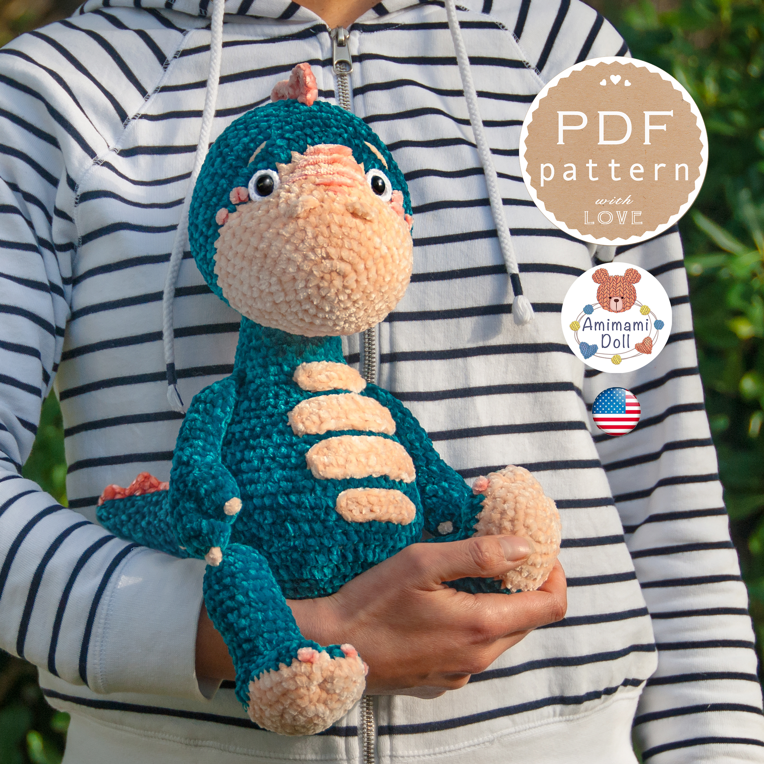 Dinosaur Crochet Pattern, Amigurumi Dino TRex, Cute plush